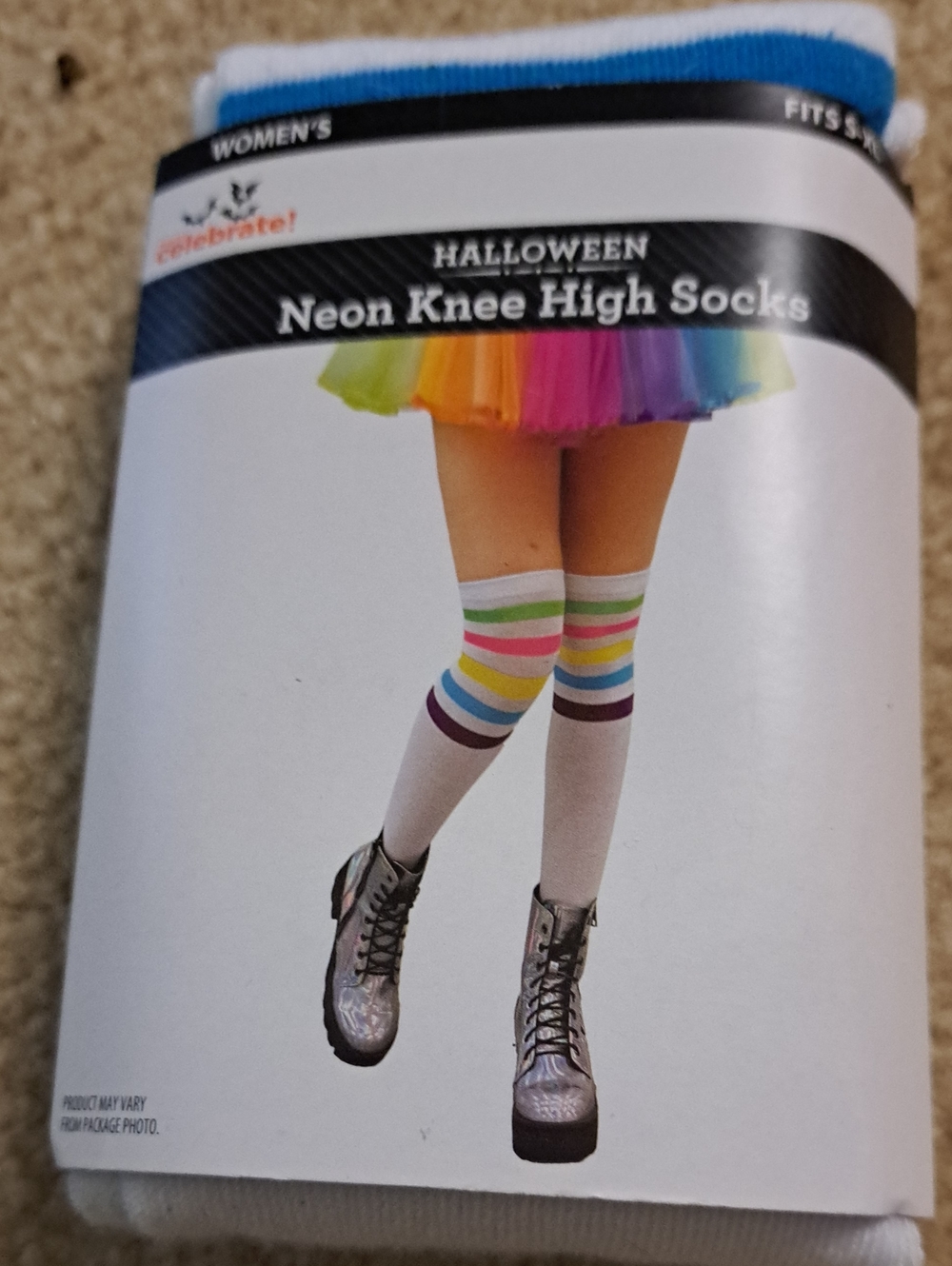 Celebrate It Neon Knee High Socks - White with Rainbow Stripes